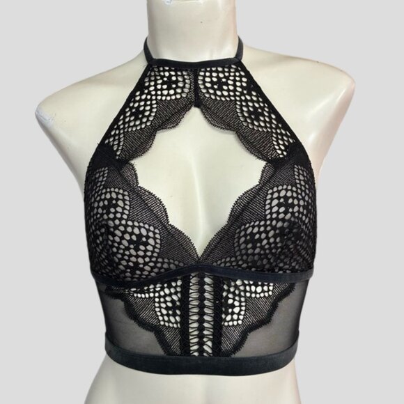 💕2/$35 💕Victoria's Secret Black Lace Mesh Halter Bra Size Small - Picture 1 of 7
